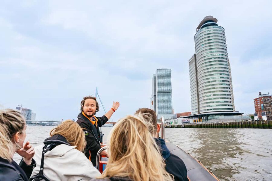 Rotterdam: RIB Speedboat Sightseeing Cruise - Leaving central Rotterdam on the Maas